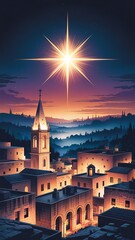 Radiant star illuminates ancient city at dusk architecture