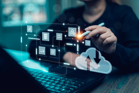 Cloud technology concept Global network of metaverse systems concept, Man hand touch data with internet cloud technology and File Transfer backup copy,Global business  Internet for Telecommunication