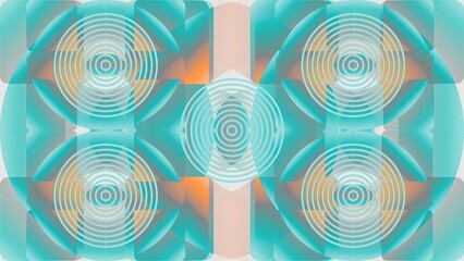 Abstract geometric pattern with concentric circles and layered gradient shapes in teal, orange, and peach. Futuristic modern digital background with symmetry and optical design element. 