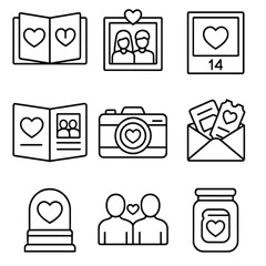 Valentine's Icon Silhouettes. Outline style icons of Valentine’s Day Memories Silhouette: photo album with hearts, framed couple