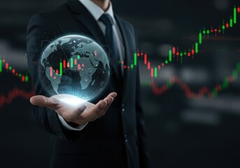 Businessman holding a glowing digital globe with a stock market graph overlay symbolizing global finance