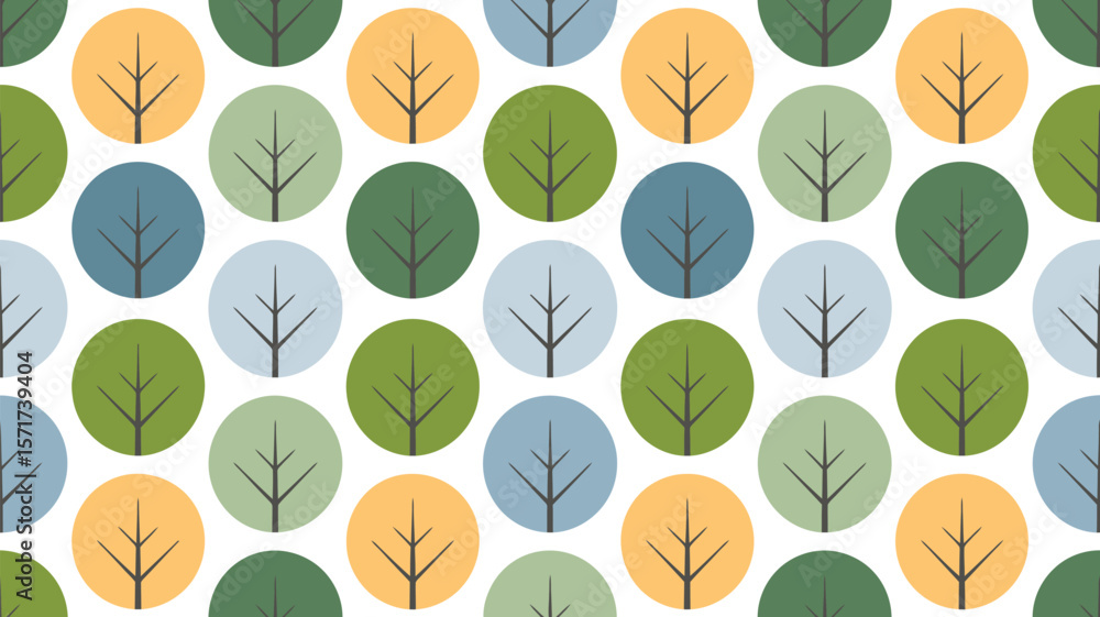 Poster a repeating pattern of stylized trees in circles of various pastel colors