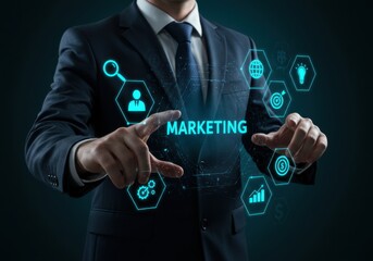 Businessman interacting with a futuristic digital marketing interface displaying business growth and strategy icons