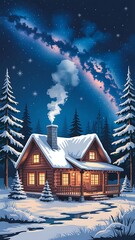 Cozy cabin under starry night sky winter snow