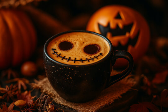 Halloween themed latte in a small black cup with a smiling pumpkin face. The cup sits on a rustic table surrounded by fall decorations, dried leaves and glowing carved pumpkins in the background. 