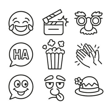 Comedy Night Icons. Outline style icons of Comedy Movie Night: laughing emoji face, slapstick comedy icon, funny glasses, joke