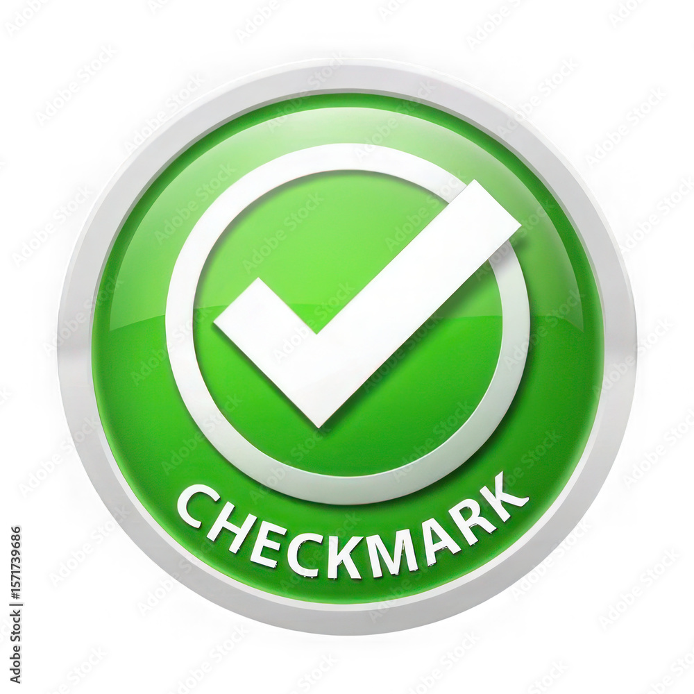 Fototapete shiny green circle with white checkmark and text checkmark isolated on transparent background
