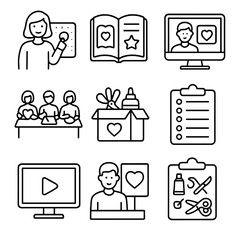 Craft Class Icons. Outline style icons of Craft Classes: teacher with craft board, lesson book, virtual workshop screen, group