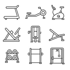 Gym Equipment Icons. Outline style icons of Gym Equipment: treadmill icon, rowing machine, exercise bike, leg press, chest machine