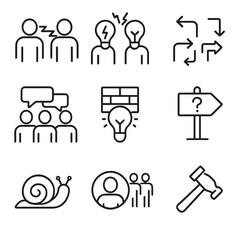 Collaboration Challenges Icons. Outline style icons of Collaboration Challenges: communication breakdown, clashing ideas,