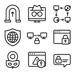 Secure Browsing Icons. Outline style icons of VPN and Secure Browsing: VPN tunnel icon, browser incognito mode, proxy route,