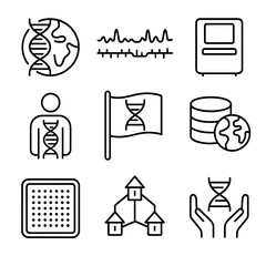 Human Genome Icons. Outline style icons of Human Genome Project: DNA world icon, genome map, sequencing machine, human figure with