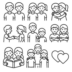 Sibling Bond Icons. Outline style icons of Siblings and Bonds: two brothers, two sisters, hugging siblings, playing siblings,