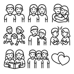 Sibling Bond Icons. Outline style icons of Siblings and Bonds: two brothers, two sisters, hugging siblings, playing siblings,