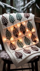 Cozy knitted blanket with tree pattern and lights image