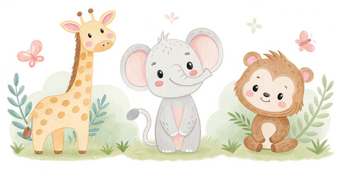 Adorable Lion, Giraffe, and Tree Illustration for Children's Educational and Room Designs