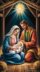 Holy family adoration star light nativity scene mary