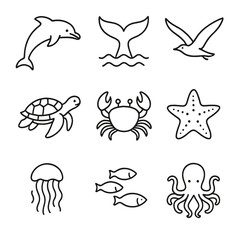 Obraz premium Outline Marine Icons. Outline style icons of Marine Wildlife: dolphin, whale tail, seagull in flight, sea turtle, crab, starfish,