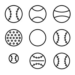 Baseball Ball Icons. Outline style icons of Baseball Ball Types: regulation game ball, practice ball, tee-ball, soft-core ball,