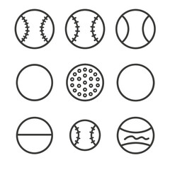 Baseball Ball Icons. Outline style icons of Baseball Ball Types: regulation game ball, practice ball, tee-ball, soft-core ball,