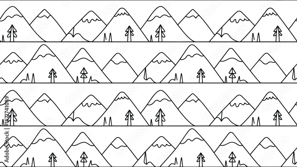 Aufkleber black and white mountain range pattern with trees and snowy peaks in four rows
