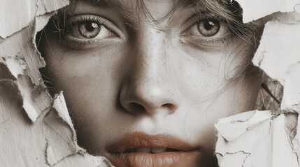 Woman's face peering through a torn paper revealing her eyes, nose, and mouth in a studio setting