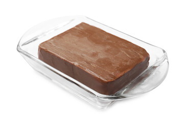 Block of tasty chocolate butter in glass keeper isolated on white