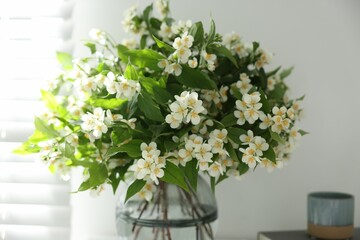 Beautiful jasmine flowers in vase and decor indoors, closeup