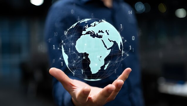 Global Connectivity: A Human Hand Holding a Digital Earth Globe , The World in Your Hands: Digital Global Network Represented by a Digital Globe Held by a Person