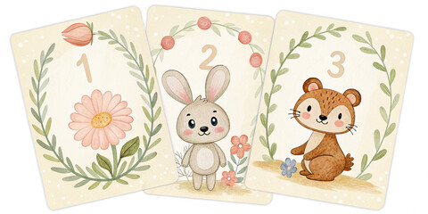 Adorable Forest Creatures Illustration: Infant Month Tracking Cards with Floral Wreaths