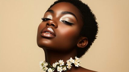 Portrait of young Black African American woman with glossy lips and pearl eyeshadow, wearing floral choker on neutral soft beige background. Concept of strength, identity and modern natural glam