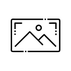 Vector illustration of a landscape photo frame featuring mountains and a sun in a minimalist style with copy space