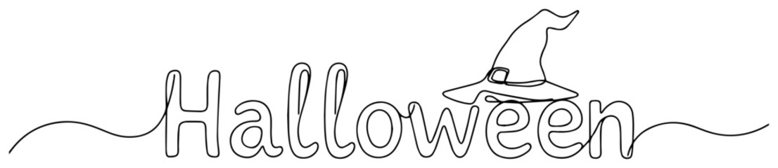 halloween word with witch hat in one line vector illustration