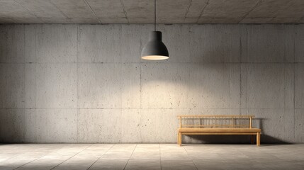 Interior with ceiling lamp, blank concrete wall and bench. Museum and exhibition concept. Mock up, 3D Rendering, no logos, no brands