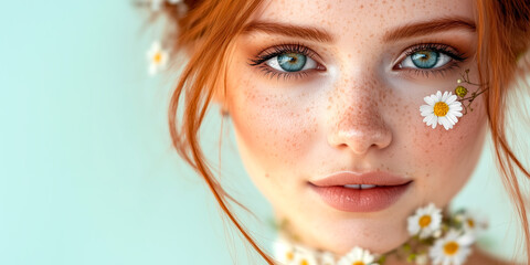Close-up portrait of young Caucasian redhaired woman, natural freckles and white chamomile flowers on pastel blue background. Concept of natural beauty, fresh aesthetics in skincare. Banner.Copy space