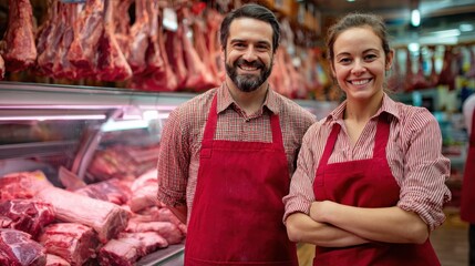 Two smiling butcher wearing red aprons standing next to a meat display case., no logos, no brands
