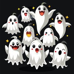 Cute Cartoon Ghosts and Stars Gathering on a Black Background for Halloween