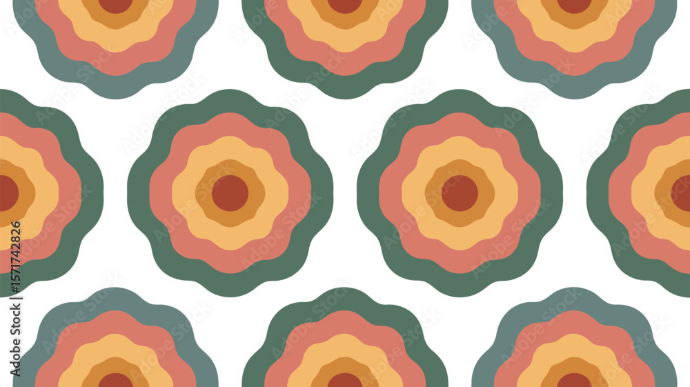 Poster pattern of concentric circles with wavy edges in retro colors on a white background