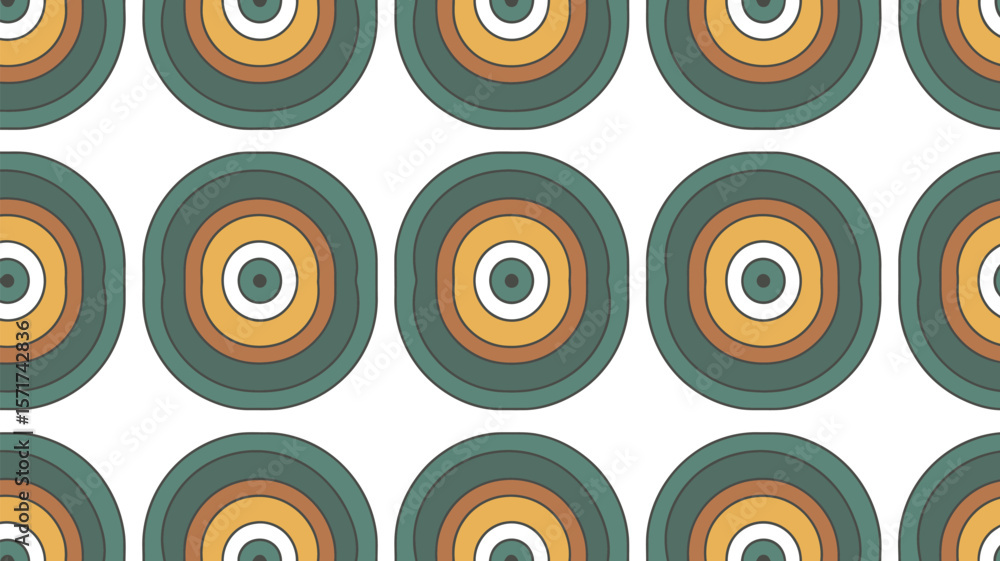 Poster a repeating pattern of concentric circles in shades of green yellow and gray