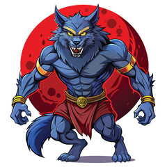 Fearsome Blue Furry Werewolf Warrior Standing Tall with an Angry Expression