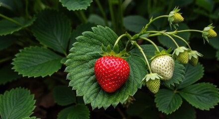 Ripe Strawberry on Leaf in Garden