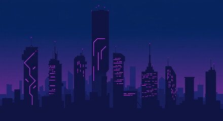 Fototapeta premium Vector illustration of a futuristic city at night with glowing skyscrapers and minimal neon color palette