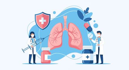 Adobe Illustrator vector flat style illustration of doctors examining lungs affected by viruses with a magnifying glass and stethoscope, representing respiratory health and viral infections