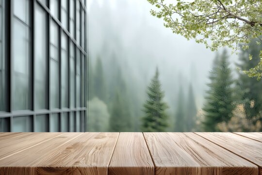 Empty luxury wooden table with blurred forest background coffee theme outdoor setting serene viewpoint