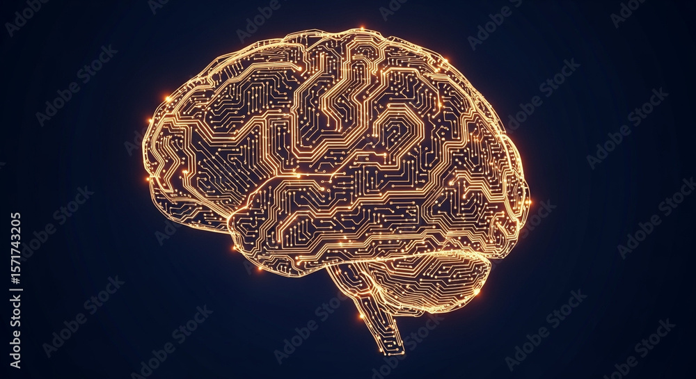 Poster digital brain with glowing circuits and connections on dark background