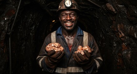Smiling Black Miner in Dimly Lit Copper Mine