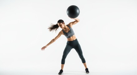 Woman performing overhead medicine ball slam in studio