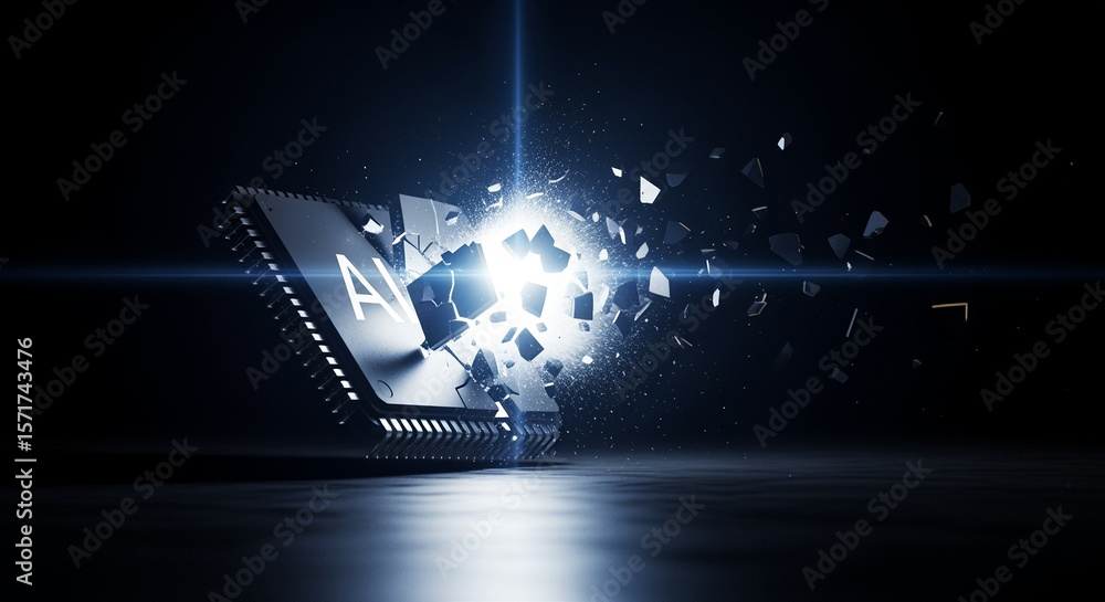 Poster ai chip exploding with light and fragments