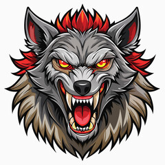 Fierce Wolf Mascot with Red Accents Cartoonish Angry Animal with Sharp Teeth and Fiery Eyes