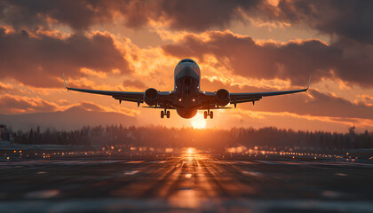 Airplane takes off runway against beautiful sunset. Commercial jet aircraft flies. Travel, transportation, aviation concept. Passenger plane depart sky. Flight at sunset. Vacation, journey, adventure